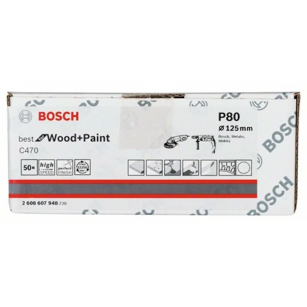 Шлифлист на бумажной основе C470, в упаковке 50шт. 125 мм, 80 Bosch 2608607948 — изображение 2