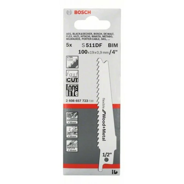 Сабельные пилки (5 шт) S 511 DF Flexible for Wood+Metal Bosch 2608657723 — изображение 2