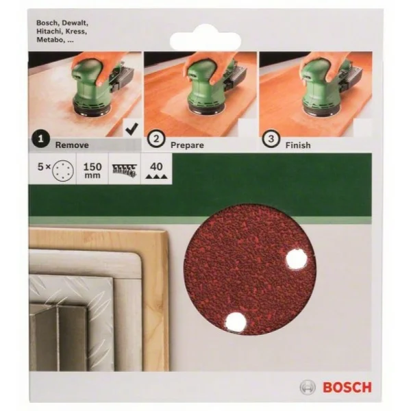 Набор из 5 шлифлистов для эксцентриковых шлифмашин 150, 40 Bosch 2609256A29 — изображение 2