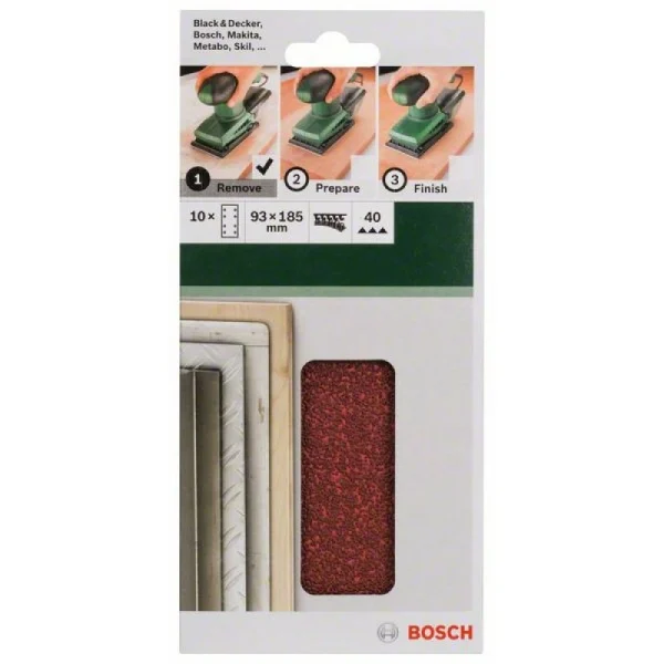 Набор из 10 шлифлистов для виброшлифмашин 93x185, 40 Bosch 2609256A80 — изображение 2