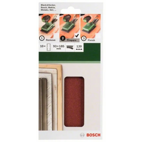 Набор из 10 шлифлистов для виброшлифмашин 93x185, 120 Bosch 2609256A83 — изображение 2