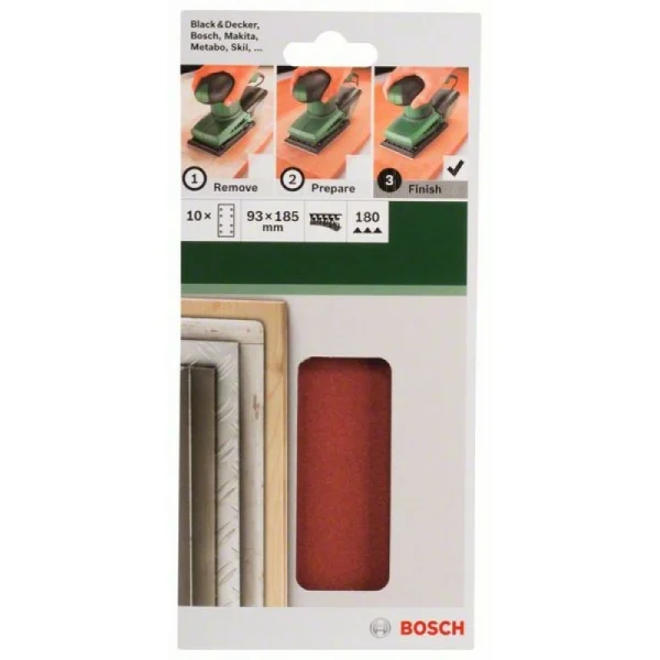 Набор из 10 шлифлистов для виброшлифмашин 93x185, 180 Bosch 2609256A84 — изображение 2