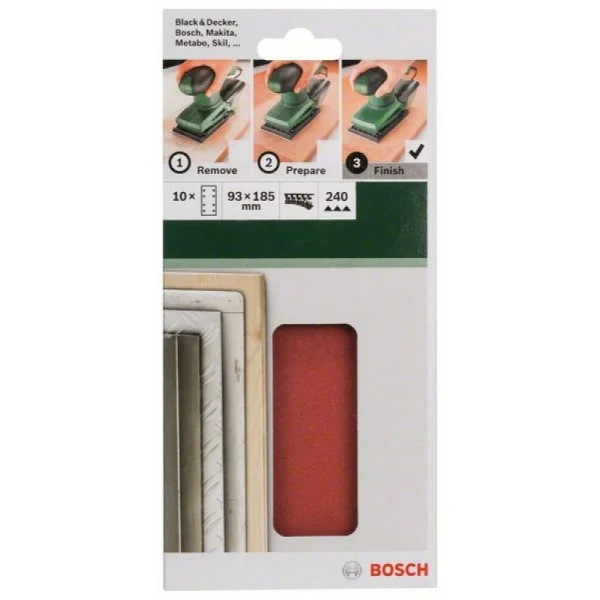 Набор из 10 шлифлистов для виброшлифмашин 93x185, 240 Bosch 2609256A85 — изображение 2