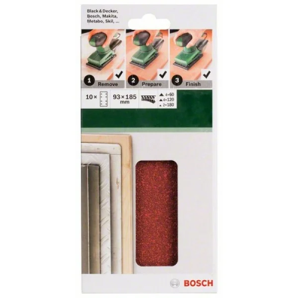 Набор из 10 шлифлистов для виброшлифмашин 93x185, 4x60; 4x120; 2x180 Bosch 2609256A86 — изображение 2