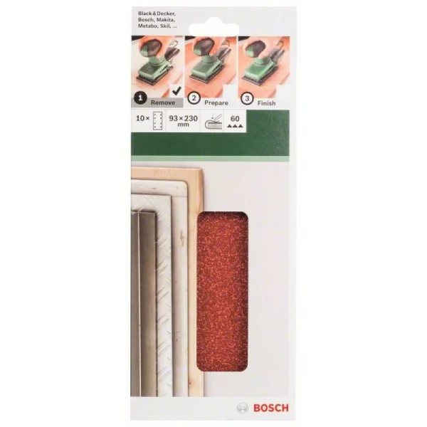 Набор из 10 шлифлистов для виброшлифмашин 93x230, 60 Bosch 2609256A95 — изображение 2