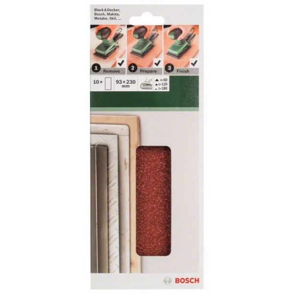 Набор из 10 шлифлистов для виброшлифмашин 93x230, 4x60; 4x120; 2x180 Bosch 2609256B14 — изображение 2