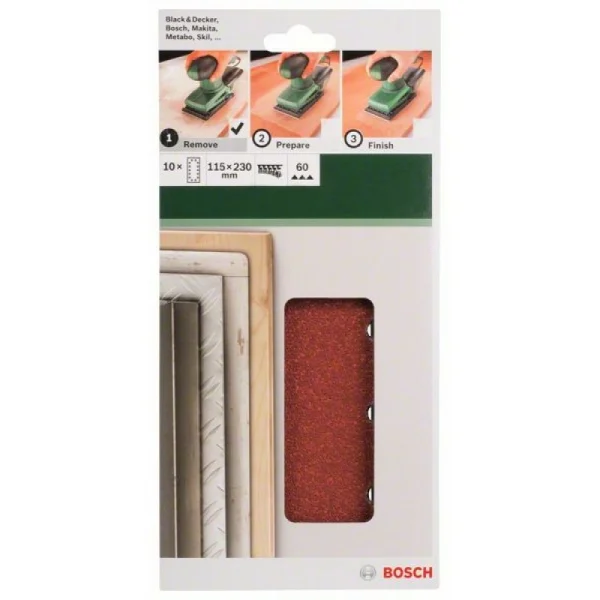 Набор из 10 шлифлистов для виброшлифмашин 115x230, 60 Bosch 2609256B20 — изображение 2
