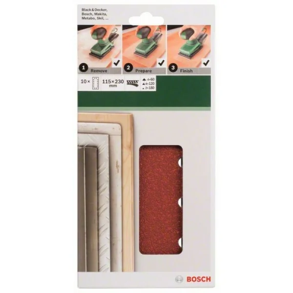Набор из 10 шлифлистов для виброшлифмашин 115x230, 4x60; 4x120; 2x180 Bosch 2609256B25 — изображение 2