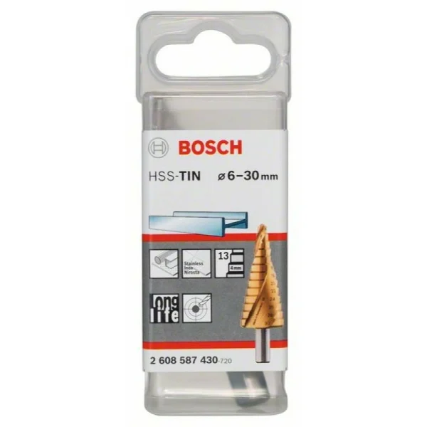 Ступенчатое сверло HSS-TiN 6 - 30 мм, 10,0 мм, 93,5 мм Bosch 2608587430 — изображение 2