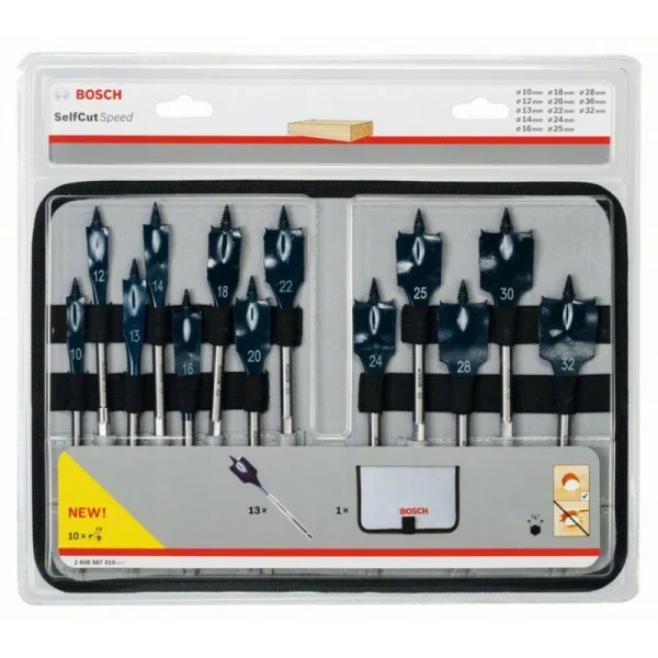 Набор из 13 перовых сверл Self Cut Speed 10; 12; 13; 14; 16; 18; 20; 22; 24; 25; 28; 30; 32 мм Bosch 2608587010 — изображение 2