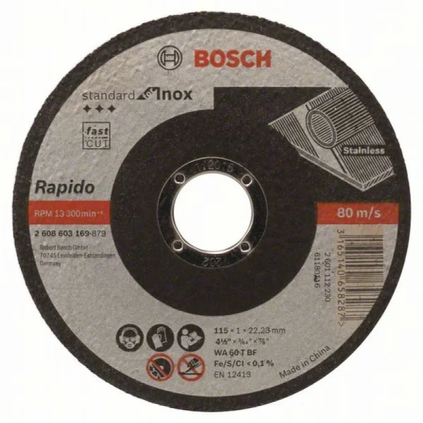 Отрезной круг прямой Standard for Inox - Rapido WA 60 T BF 115x22,23x1,0 мм Bosch 2608603169
