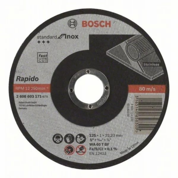Отрезной круг прямой Standard for Inox - Rapido WA 60 T BF 125x22,23x1,0 мм Bosch 2608603171