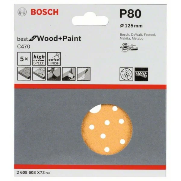 Шлифлист C470, в упаковке 5шт. 125 мм, 80 Bosch 2608608X73 — изображение 2