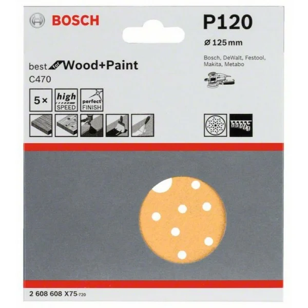 Шлифлист C470, в упаковке 5шт. 125 мм, 120 Bosch 2608608X75 — изображение 2