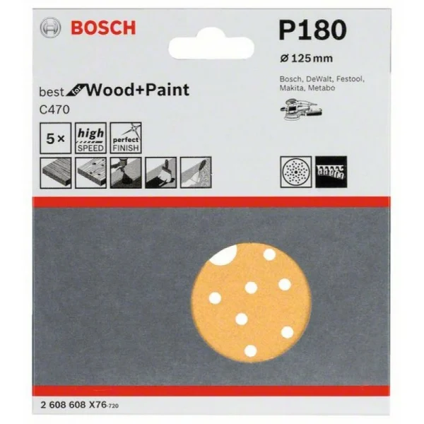 Шлифлист C470, в упаковке 5шт. 125 мм, 180 Bosch 2608608X76 — изображение 2