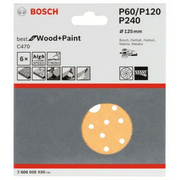 Шлифлист C470, в упаковке 6шт. 125 мм, 60; 120; 240 Bosch 2608608X80 — изображение 2