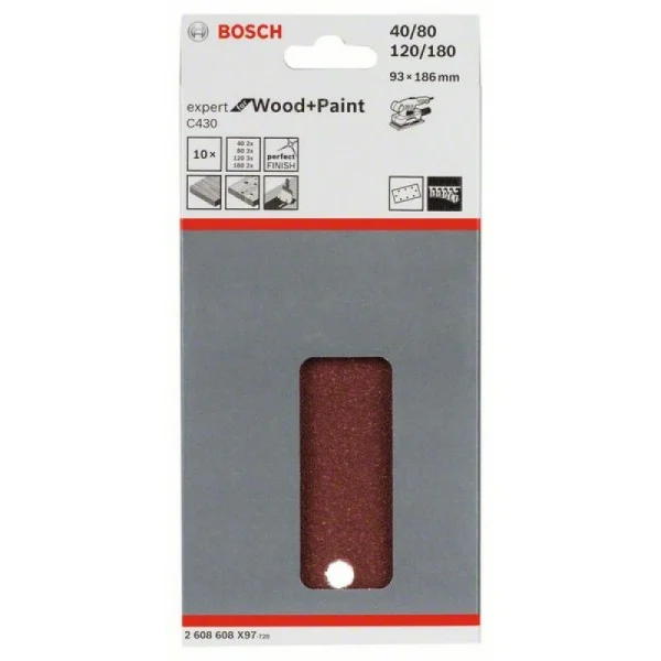 Шлифлист C430, в упаковке 10шт. 93x186 мм, 2x40; 3x80; 3x120; 2x180 Bosch 2608608X97 — изображение 2