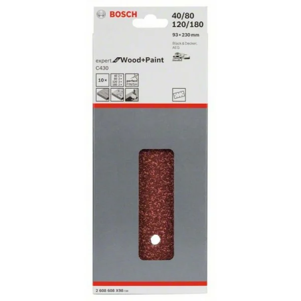 Шлифлист C430, в упаковке 10шт. 93x230 мм, 2x40; 3x80; 3x120; 2x180 Bosch 2608608X98 — изображение 2