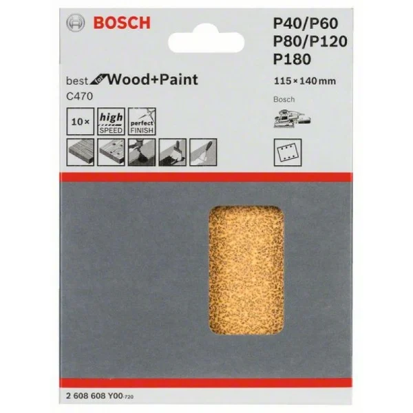 Шлифлист C470, в упаковке 10шт. 115x140 мм, 2x40; 2x60; 2x80; 2x120; 2x180 Bosch 2608608Y00 — изображение 2