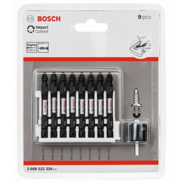 Кассета двусторонних ударных бит Impact Control 65 мм PH2/PZ2 8 шт + магнитная муфта Bosch 2608522334 — изображение 2