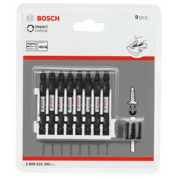 Кассета двусторонних ударных бит Impact Control 65 мм PH1/PH2, PH2/PH3, PH2/PZ2 (2шт), S1x5.5, T15/T20 (2шт), T25/T30 + магнитная муфта Bosch 2608522345 — изображение 2