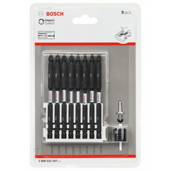Кассета двусторонних ударных бит Impact Control 110 мм PH2 (2шт), PZ2 (2шт), T15, T20, T25, T30 + магнитная муфта Bosch 2608522347 — изображение 2