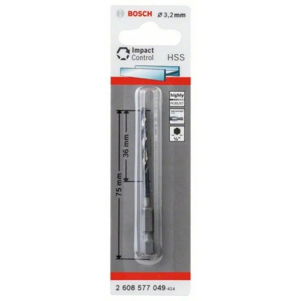 Сверло по металлу Impact Control с шестигранным хвостовиком, 3.2 мм Bosch 2608577049