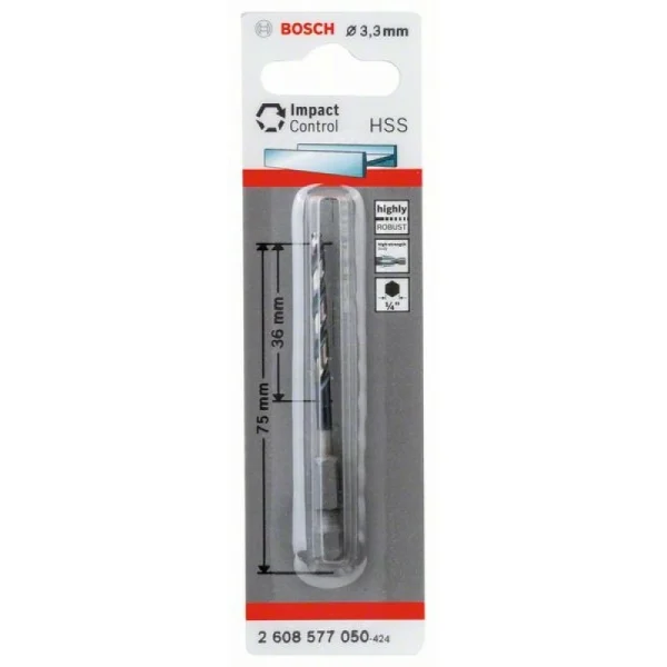 Сверло по металлу Impact Control с шестигранным хвостовиком, 3.3 мм Bosch 2608577050