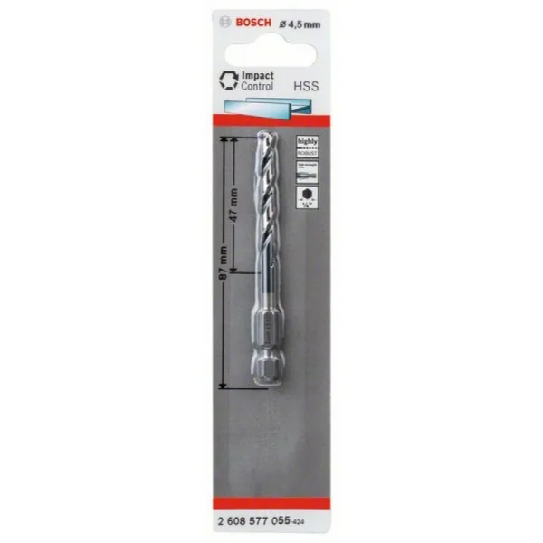 Сверло по металлу Impact Control с шестигранным хвостовиком, 4.5 мм Bosch 2608577055