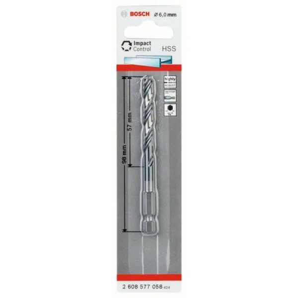 Сверло по металлу Impact Control с шестигранным хвостовиком, 6 мм Bosch 2608577058