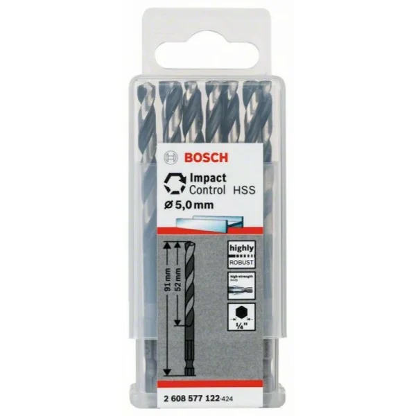 Сверло по металлу (10 шт) Impact Control с шестигранным хвостовиком, 5 мм Bosch 2608577122 — изображение 2