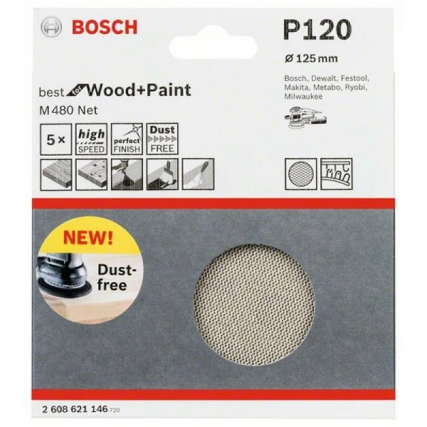 Набор шлифкругов (5 шт) M480 на сетчатой основе 125 мм K120 Bosch 2608621146 — изображение 2