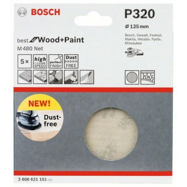 Набор шлифкругов (5 шт) M480 на сетчатой основе 125 мм K320 Bosch 2608621151 — изображение 2