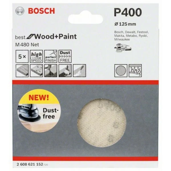 Набор шлифкругов (5 шт) M480 на сетчатой основе 125 мм K400 Bosch 2608621152 — изображение 2