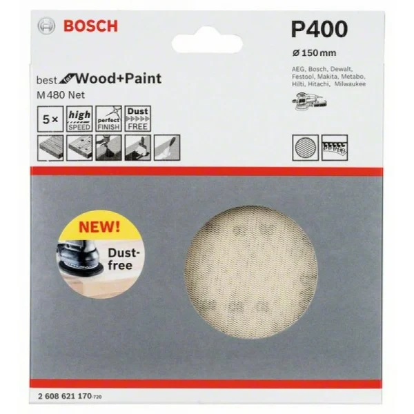 Набор шлифкругов (5 шт) M480 на сетчатой основе 150 мм K400 Bosch 2608621170 — изображение 2