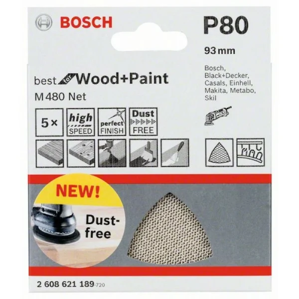 Набор шлифлистов (5 шт) M480 на сетчатой основе 93x93 мм K80 Bosch 2608621189 — изображение 2