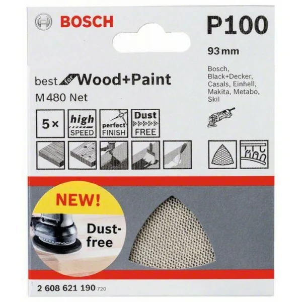 Набор шлифлистов (5 шт) M480 на сетчатой основе 93x93 мм K100 Bosch 2608621190 — изображение 2