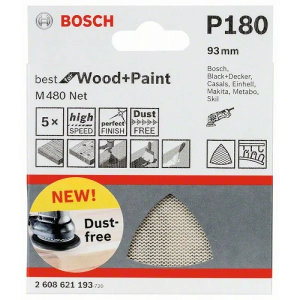 Набор шлифлистов (5 шт) M480 на сетчатой основе 93x93 мм K180 Bosch 2608621193 — изображение 2