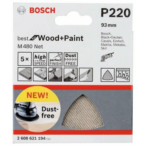 Набор шлифлистов (5 шт) M480 на сетчатой основе 93x93 мм K220 Bosch 2608621194 — изображение 2