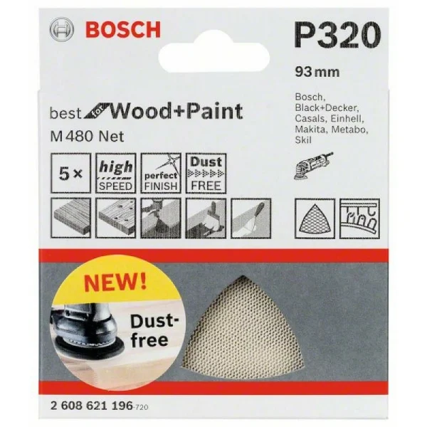 Набор шлифлистов (5 шт) M480 на сетчатой основе 93x93 мм K320 Bosch 2608621196 — изображение 2
