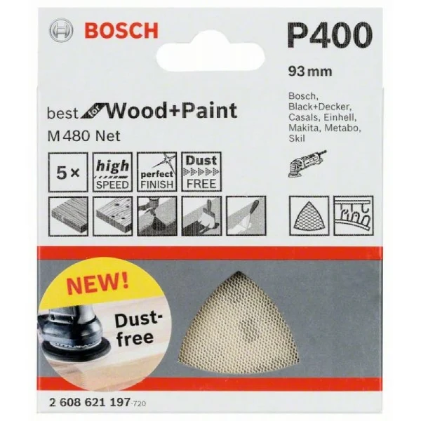 Набор шлифлистов (5 шт) M480 на сетчатой основе 93x93 мм K400 Bosch 2608621197 — изображение 2