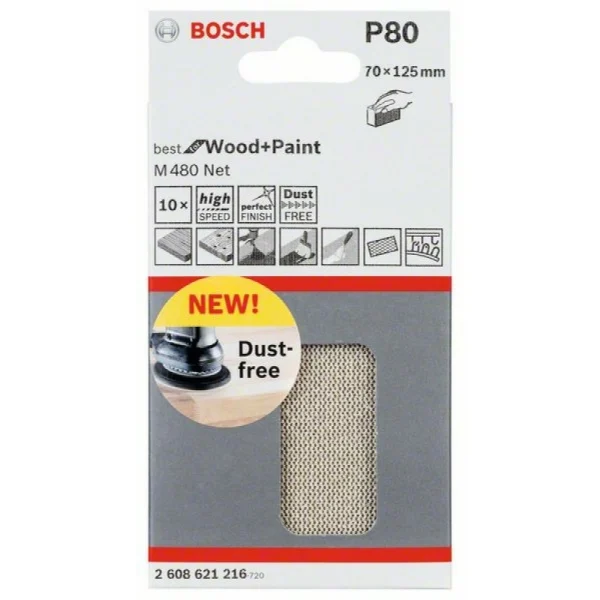 Набор шлифлистов (10 шт) M480 на сетчатой основе 70x125 мм K80 Bosch 2608621216 — изображение 2