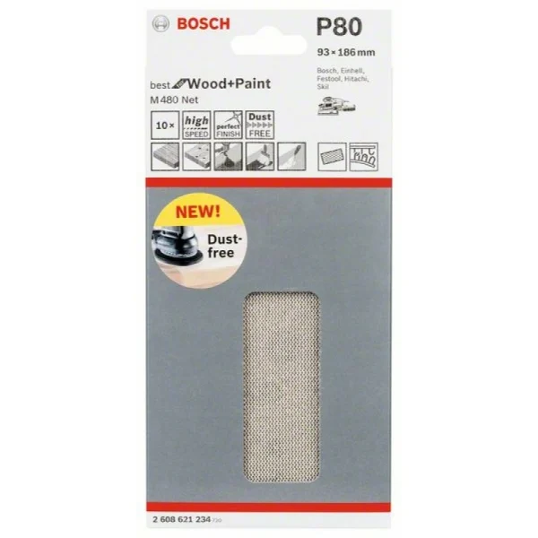 Набор шлифлистов (10 шт) M480 на сетчатой основе 93x186 K80 Bosch 2608621234 — изображение 2