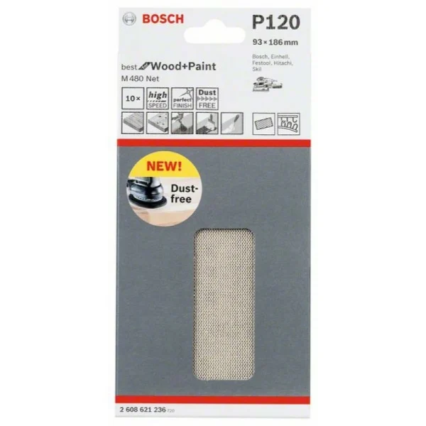 Набор шлифлистов (10 шт) M480 на сетчатой основе 93x186 K120 Bosch 2608621236 — изображение 2