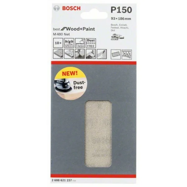 Набор шлифлистов (10 шт) M480 на сетчатой основе 93x186 K150 Bosch 2608621237 — изображение 2