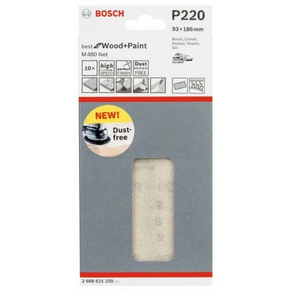 Набор шлифлистов (10 шт) M480 на сетчатой основе 93x186 K220 Bosch 2608621239 — изображение 2