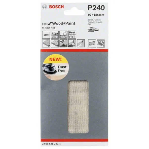 Набор шлифлистов (10 шт) M480 на сетчатой основе 93x186 K240 Bosch 2608621240 — изображение 2