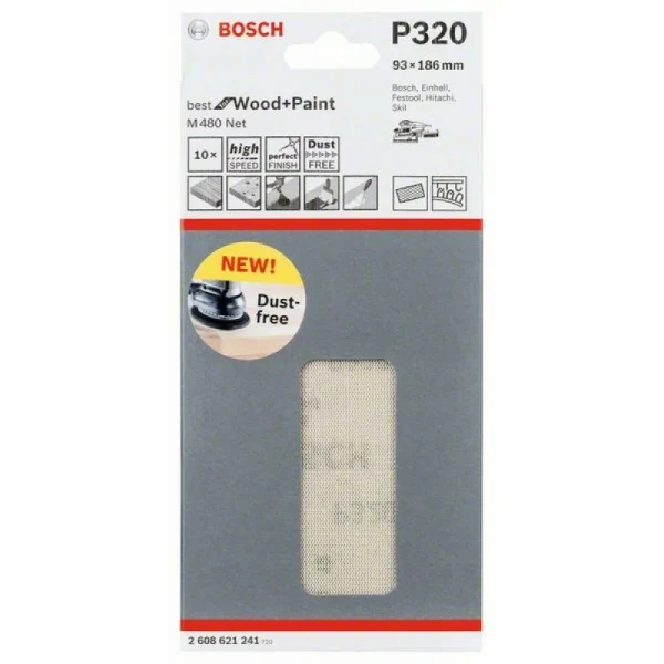 Набор шлифлистов (10 шт) M480 на сетчатой основе 93x186 K320 Bosch 2608621241 — изображение 2