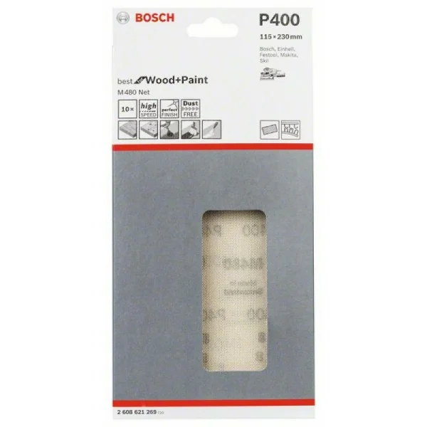 Набор шлифлистов (10 шт) M480 на сетчатой основе115x230 K400 Bosch 2608621269 — изображение 2