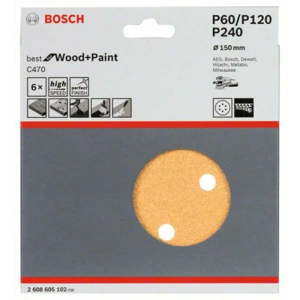 Набор шлифлистов (6 шт) C470 Best for Wood+Paint 6 отв. 150 мм K60/120/240 Bosch 2608605102 — изображение 2